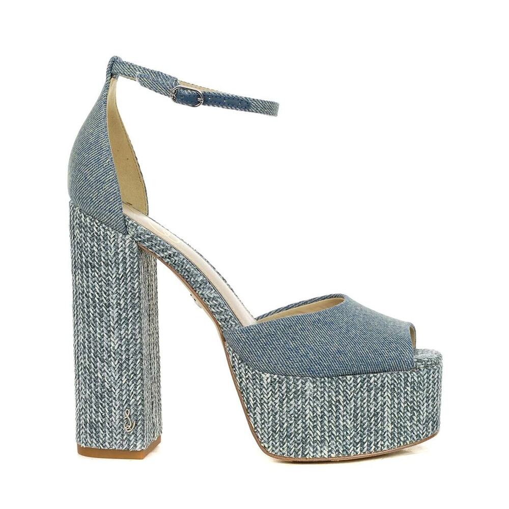 SAM EDELMAN Blue Washed Denim Kori 10 1/2 Peep Toe Platform Block Heel Sandals